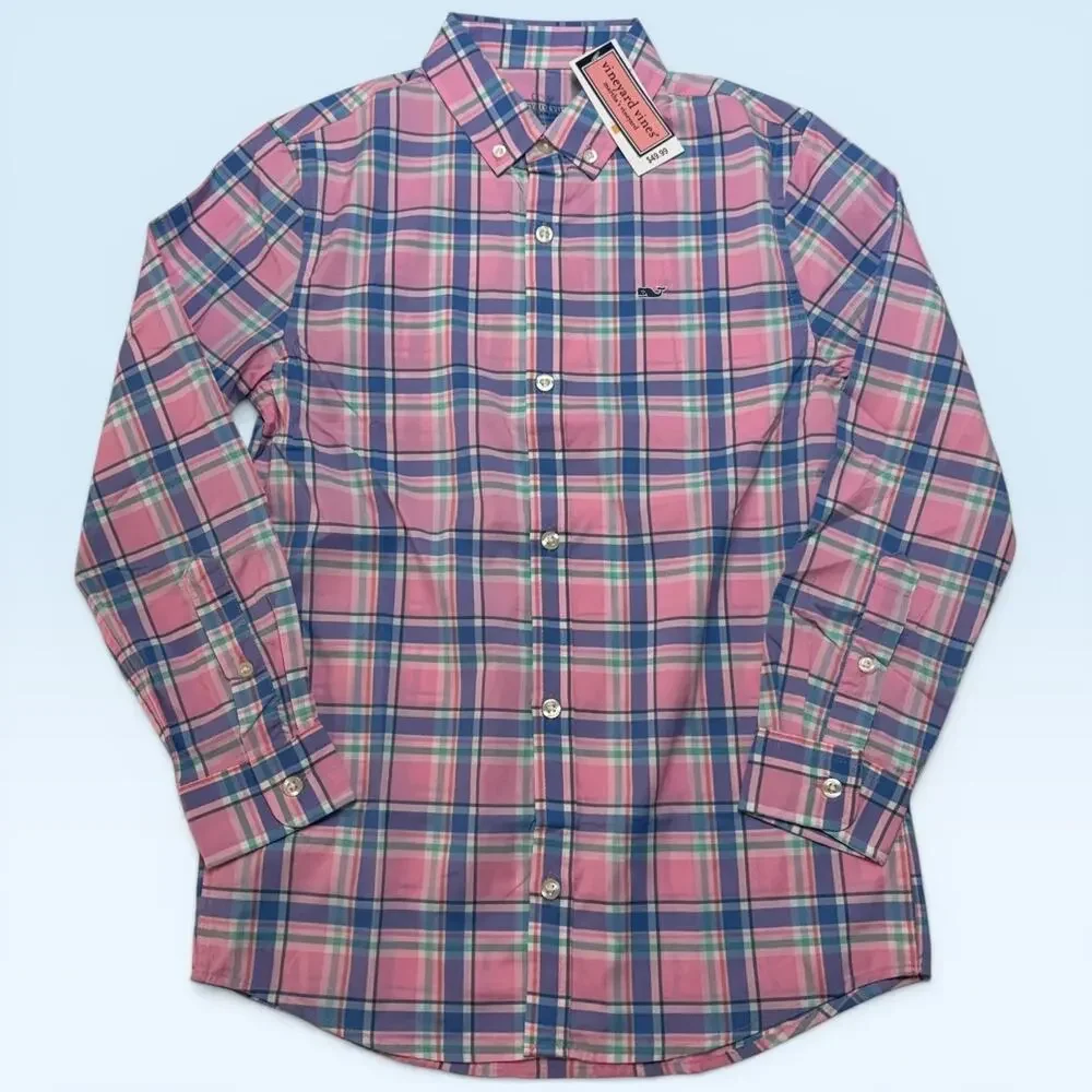 Vineyard Vines Shirt Boys Small 8-10 Pink Plaid Performance Whale Button Down